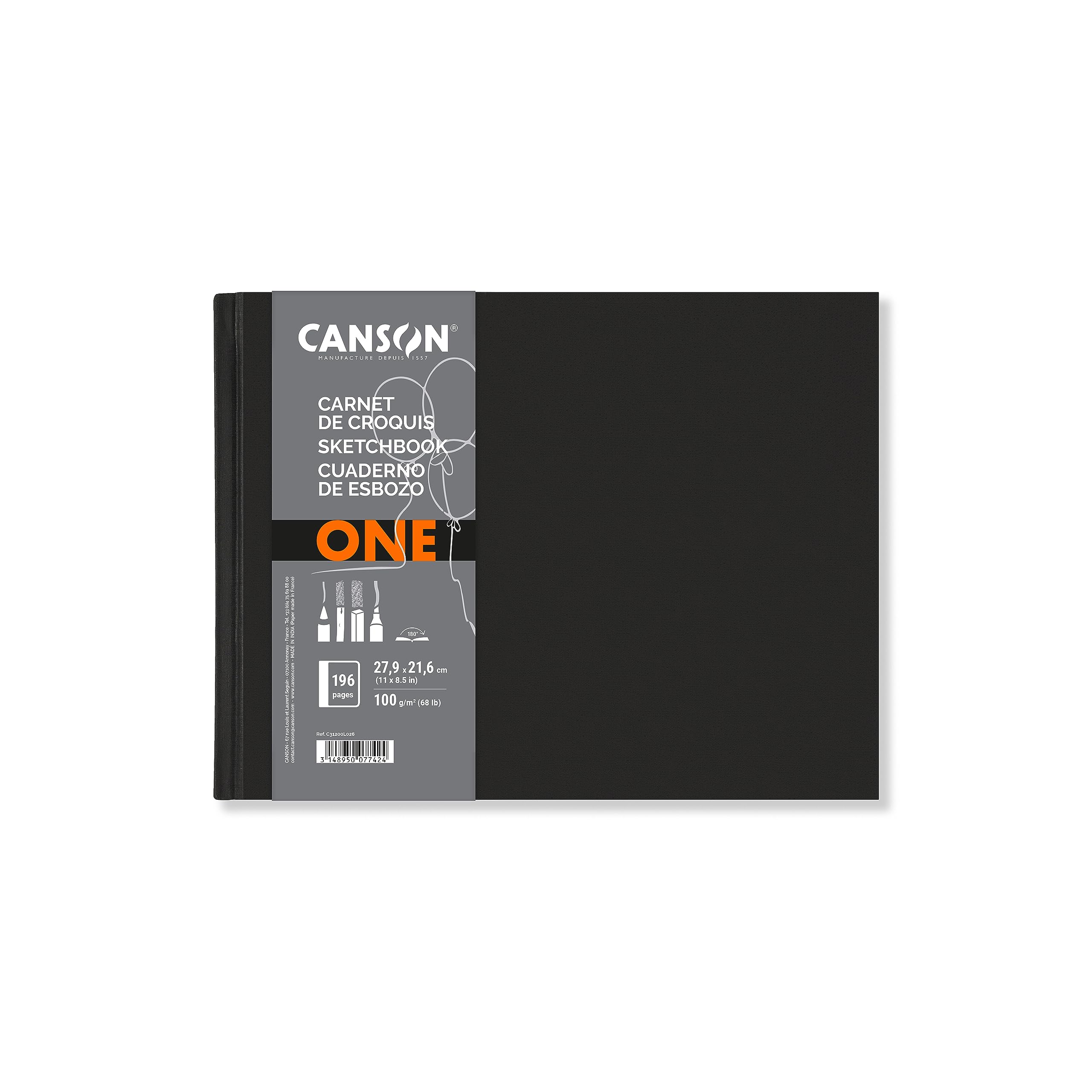 CANSON One Art Book, Sketchbook, Fine Grain, 100gsm, Sketchbook Hardcover, 28x21.5cm, White, 196 Sheets