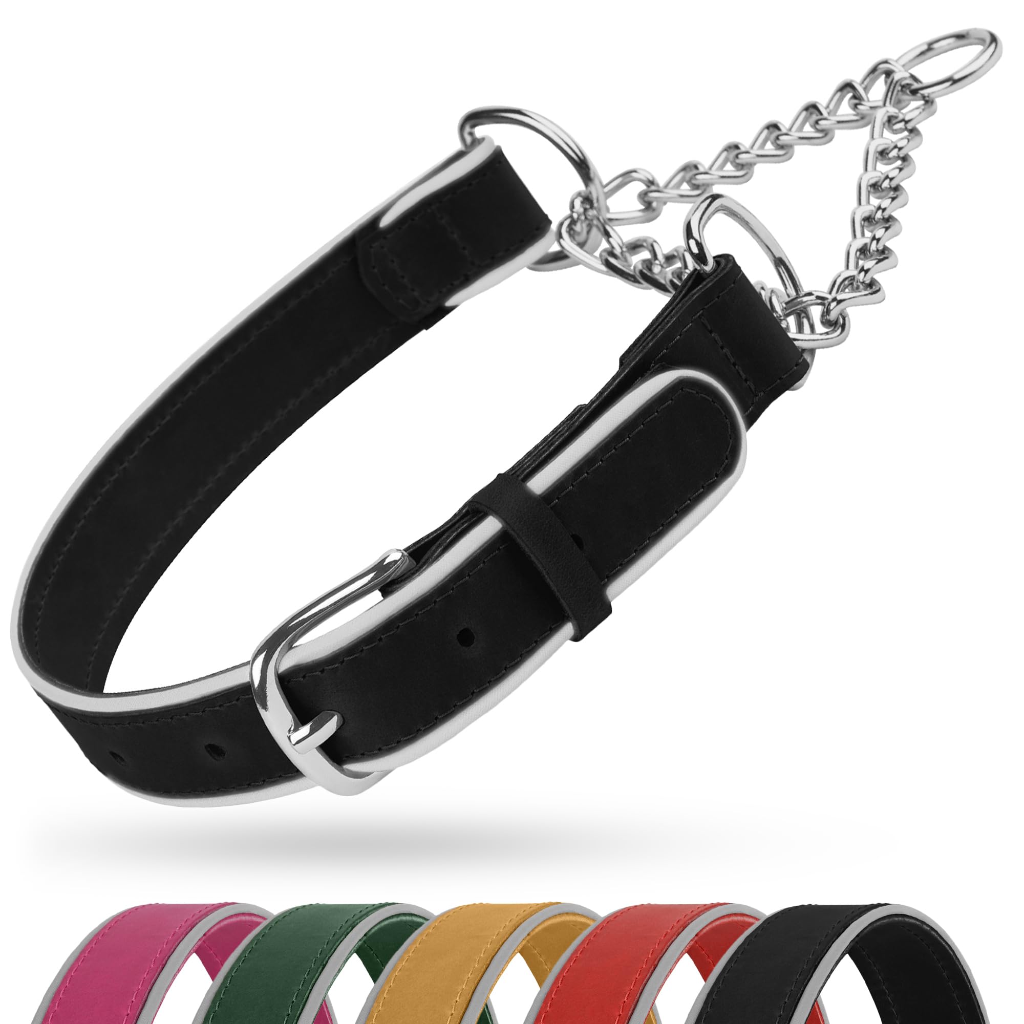 OOPSDOGGY Leather Martingale Dog Collar - Reflective Adjustable No Pull Stainless Steel Chain Training Collars for Small Medium Large Dogs Puppy (Black, Small, 12"-15.5") — image 1