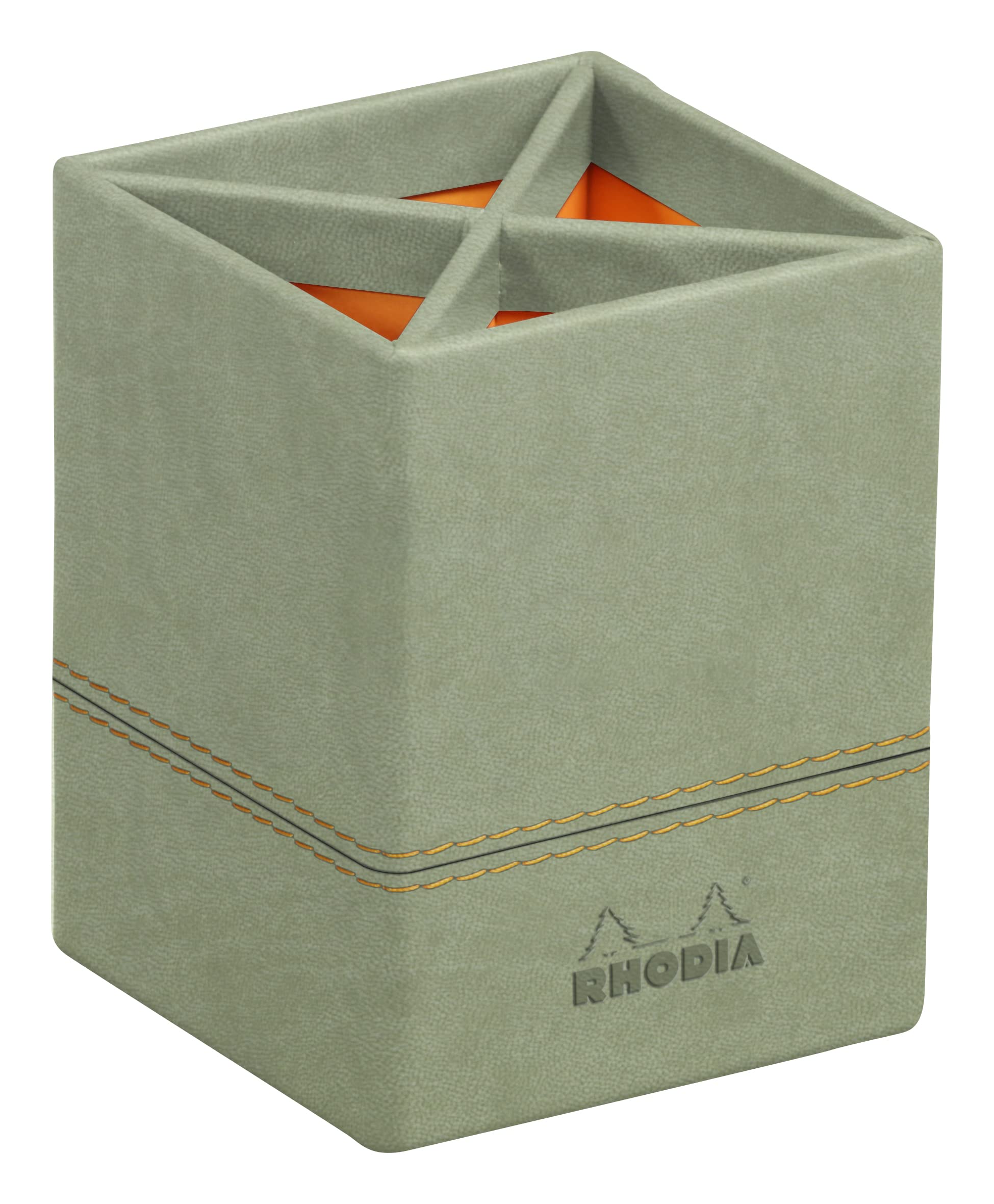 RHODIA 194531C - Celadon Pencil Pot - 8x8x11 cm - Orange Saddle Stitching - Faux Leather Exterior - Home Office Collection Rhodiarama - Office Organization & Design Storage