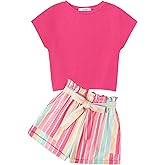 Arshiner Girls 2 Piece Outfit Summer Drop Shoulder Batwing Sleeve Tops and Paperbag Waist Shorts Set Cute Clothing Size 6-14