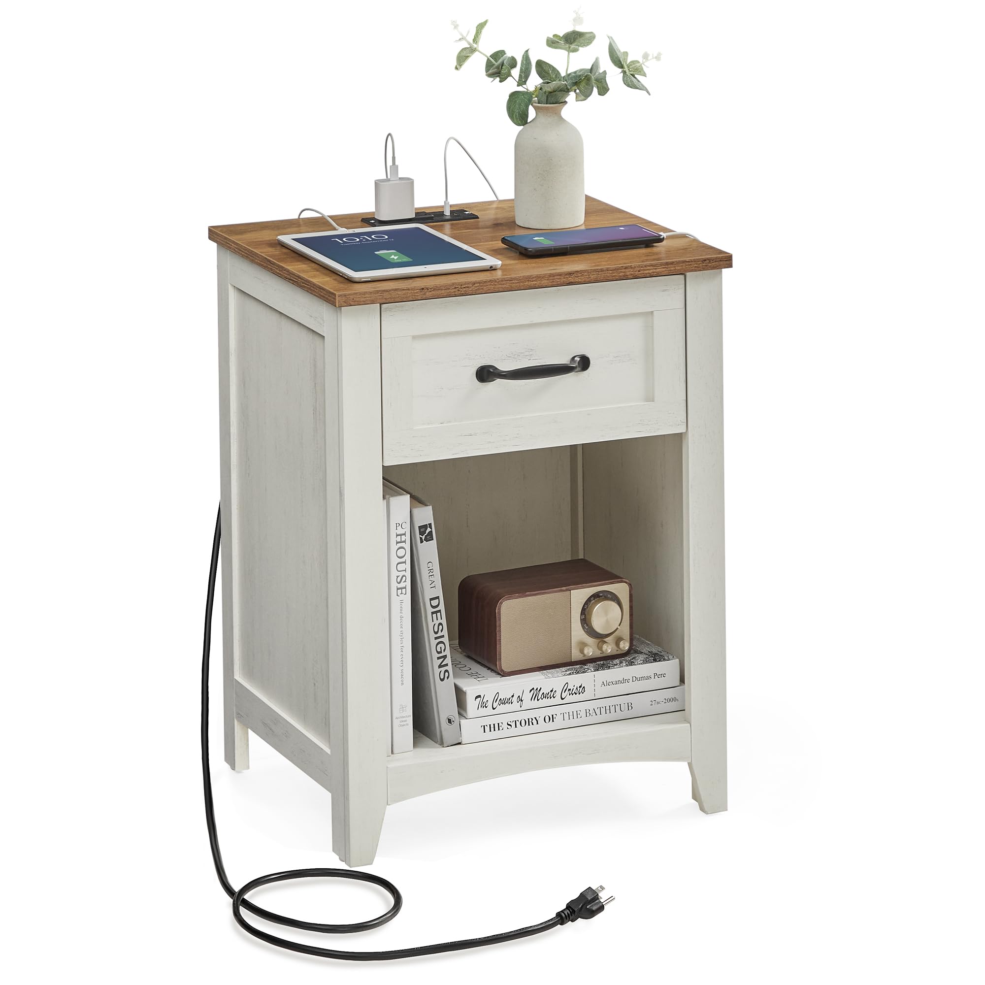 VASAGLE LIRY Collection - Farmhouse Nightstand with Charging Station, Bedside Table, Side Table with Drawer, Open Compartment, for Bedroom, Rustic White and Honey Brown ULET659K41 Image