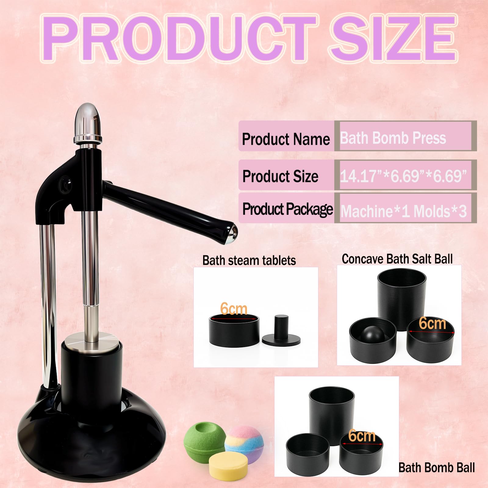 Black Bath Salt Ball Press Machine，DIY Bath Bomb Tool，Bath Salt Ball Maker with 3 Set Molds，DIY for Round，Surprise Bath Bomb Ball，Shower Steamers