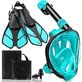 Viginsul Mask Fins Snorkeling Gear for Adults, Full Face Snorkel Mask & Adjustable Swim Fins Snorkel Set, Panoramic View Snorkel Mask Dry Top Anti-Fog Anti-Leak