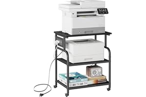 YAOHUOO 3 Tier Large Printer Stand with Power Outlet/Adjustable Storage Shelf, Rolling Cart with Wheels, Printer Table for Ho