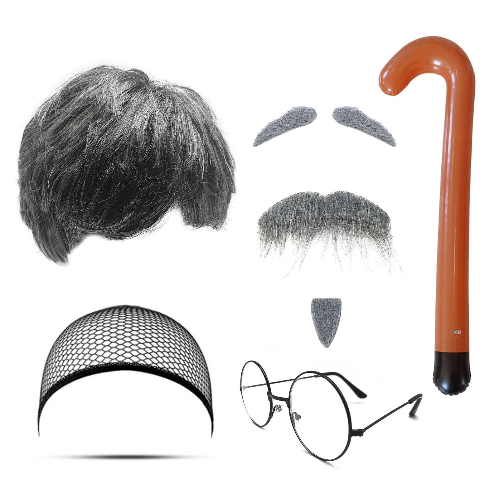 MIVAIUN 8 Pcs Fancy Dress Grandpa Set - Old Man Wig, Grey Fake Beard, Eyebrows, Cap, Glasses, Inflatable Walking Stick - Men's Wig Costume for Cosplay Party