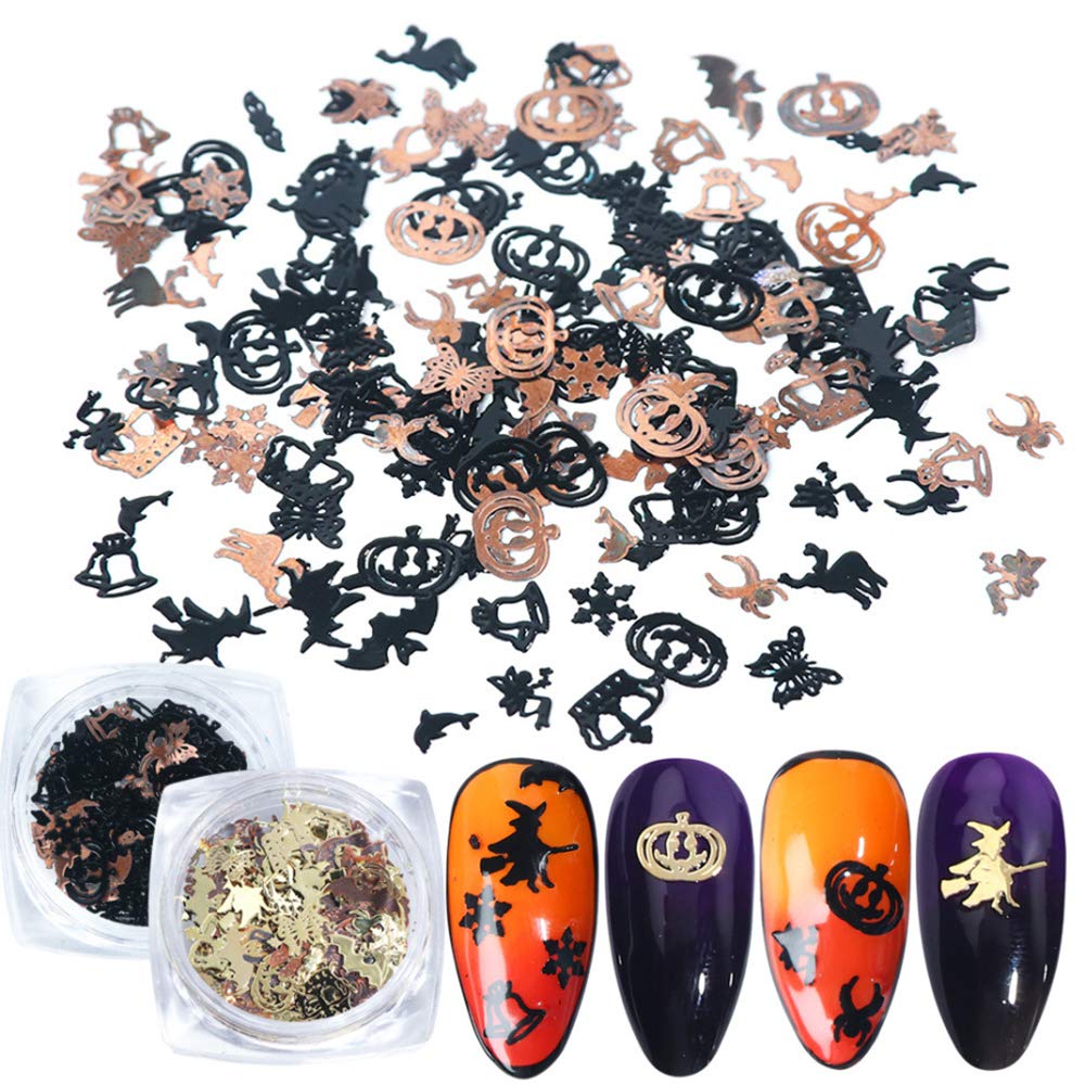 Amazon Com Halloween Nail Art Glitter Sequins Stickers Decals Flakes 3d Nail Art Supplies Day Of The Dead Black Gold Metal Paillettes Pumpkin Witch Bat Design For Halloween Party Nail Decorations 2 Boxes
