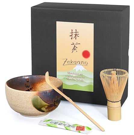 Aricola® Matcha Set - Original japanische Matcha-Schale (Chawan) beige/braun handglasiert, Matcha-Besen (Chasen) und Bambus-L