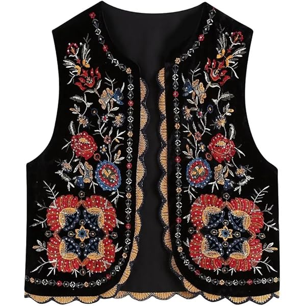 Women Vintage Embroidered Vest Y2k Sleeveless Open Front Linen Top