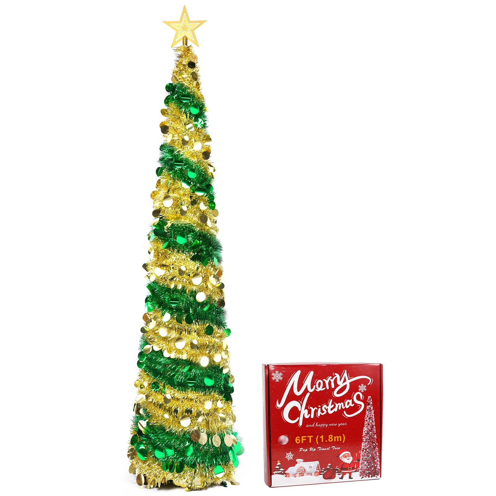 Pop up Christmas Tree 6FT Slim Christmas Tree 180cm Artificial Christmas Tree with Topper Star,Collapsible Pop Up Green Gold Colored Xmas Tree for Holiday Indoor Home Party Decor