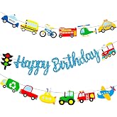 Transportation Birthday Party Banners Transportation Themed Birthday Decorations 3Pcs Ship Train Party Banners Glitter Blue Transportation Banners for Vehicle Car Baby Shower Supplies