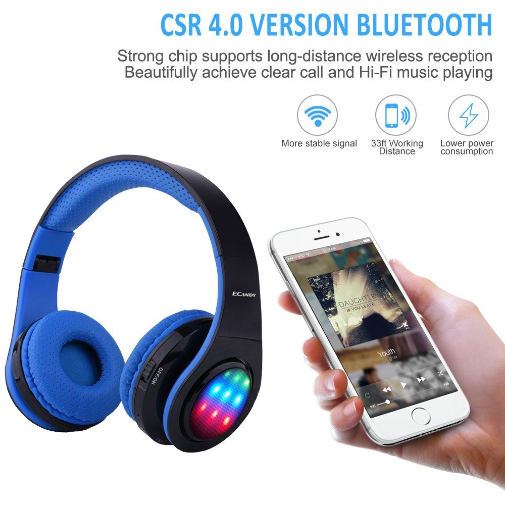 Ecandy Bluetooth para auriculares con 3 Modo Luz Led estéreo de música plegable Sobre-oído sonido de alta fidelidad, construido en llamadas inalámbricas micrófono de manos libres para Iphone X 8 7 6S 6S, 6S Plus de Samsung, Android smartpho