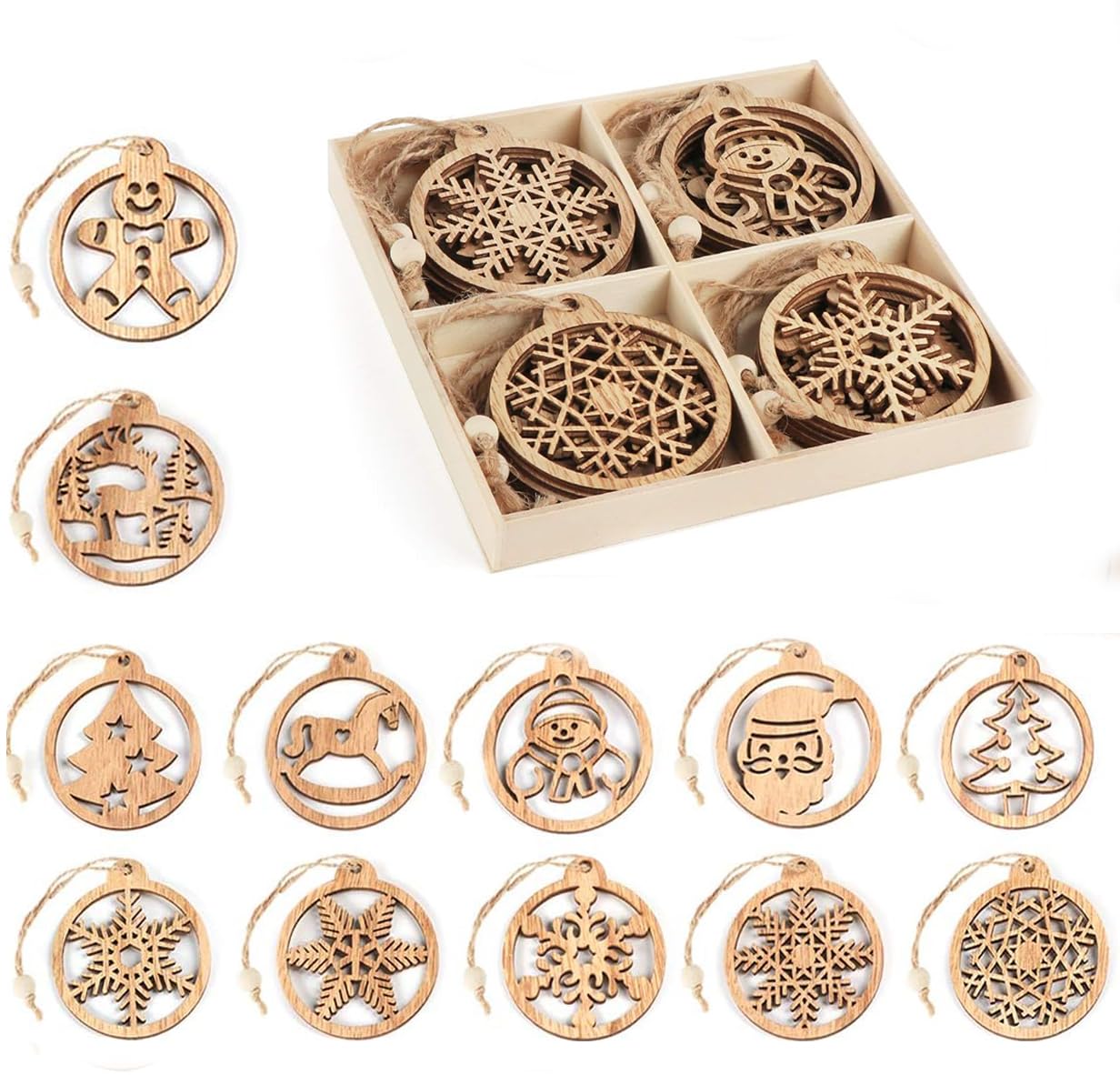 Anstore 12Pcs Wooden Christmas Tree Decorations, Xmas Hanging Decorations Snowflake Xmas Tree Snowman, Wooden Christmas Ornaments for The Home, Round Natural Vintage Wood Decor for Gift Craft DIY
