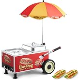 VEVOR Hot Dog Steamer Cart, 1200W Electric Stainless Steel Hot Dog Steam Machine, 86-203&deg;F Temp Adjustable, Portable Cart with Eye-Catching Umbrella &amp; Wheels, for Bakeries, Food Stands, Parties