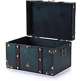 ELLDOO Vintage Treasure Chest, Pirate Keepsakes Box for Gifts, Wooden Storage, Green Decorative Container for Jewelry, Pearl Trinkets, Tarot Cards - Large
