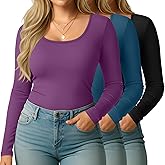 Evervibe 3 Packs Women Plus Size Tops Long Sleeve Shirts Scoop Neck Slim Fit T Shirts U Neck Comfy Casual Basic Ladies Tees