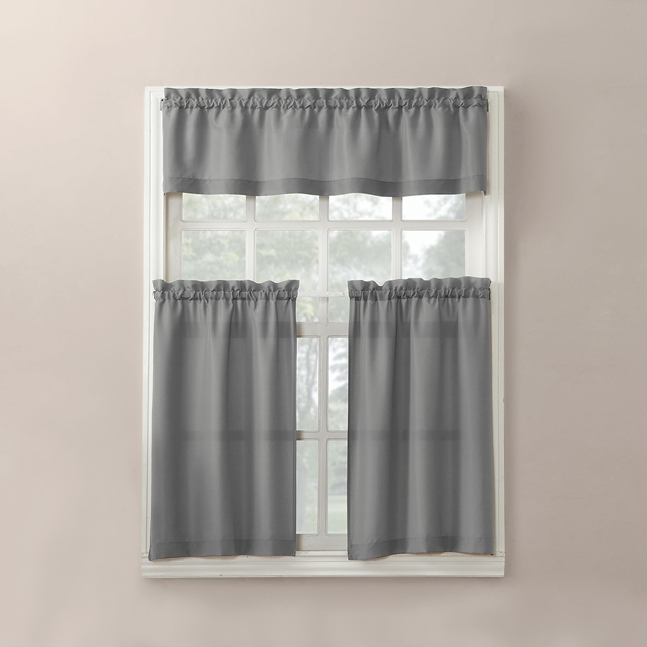 No. 918 Martine Microfiber Semi-Sheer Rod Pocket Kitchen Curtain Valance and Tiers Set, 54" x 36", Gray — image 1
