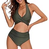 Womens High Waisted Bikini Sets Ruched Tummy Control Bathing Suits V Neck Cute Halter 2 Piece Swimsuits