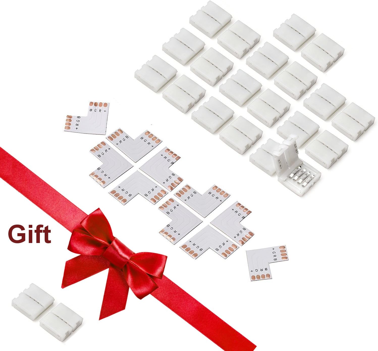 L Shape 4 Pins Connector 10-Pack JACKYLED 10mm Right Angle Corner Solderless Connector 12V 72W Clip for 3528/5050 SMD RGB Fireproof Material 4 Conductor LED Strip Lights Strip to Strip (22Pcs Clips) - - 