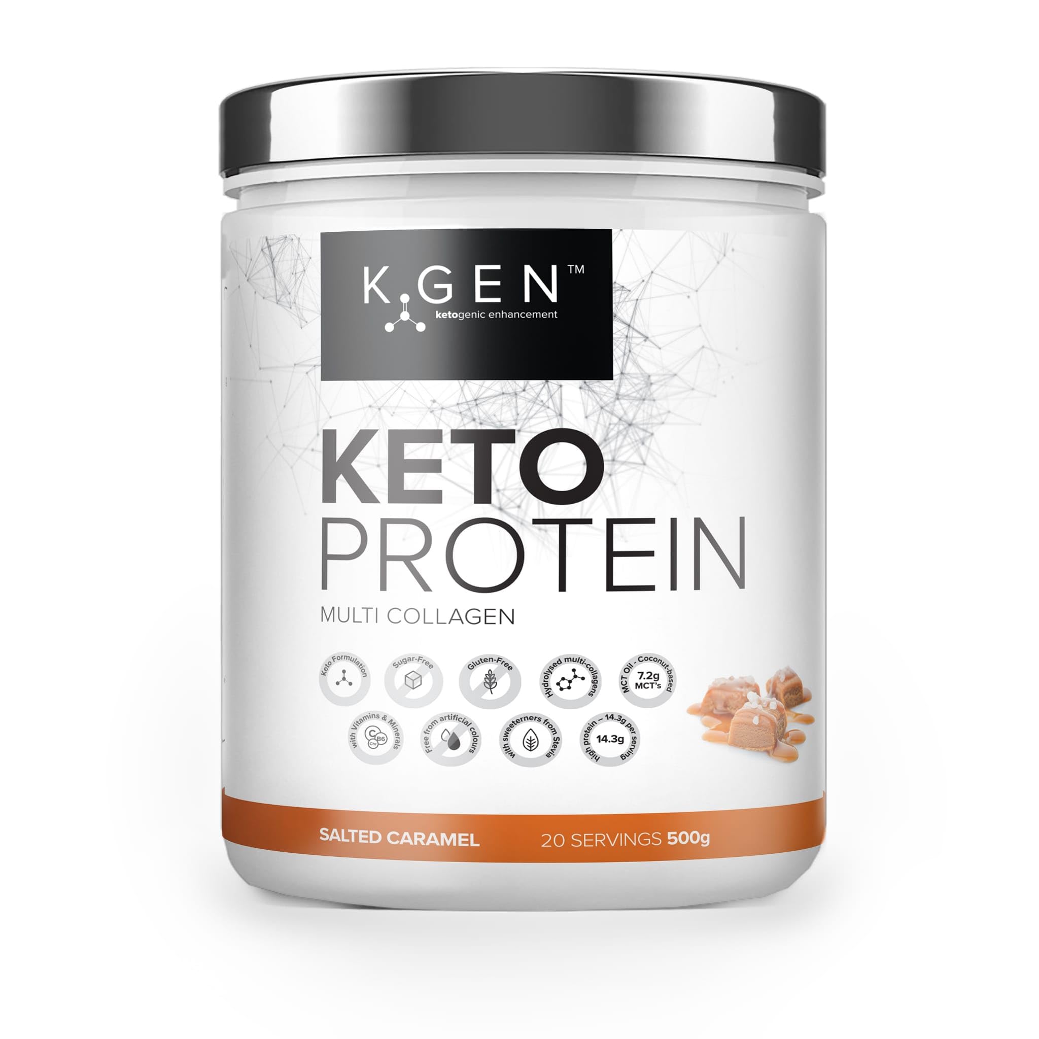 K-GEN™ Keto Collagen Protein Powder Advanced Salted Caramel Powder with Multi Collagen Blend, Coconut MCT, Vitamin C + B6 Stevia | UK Made for Keto, Paleo & Primal | Free-from: Sugar & Gluten