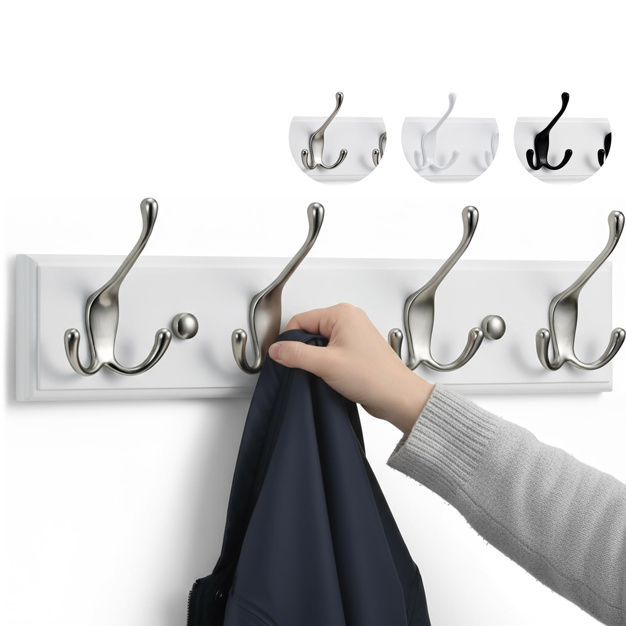 LARHN Wall-Mounted Coat Rack - 4 Matt-Nickel Triple Coat Hooks for Wall on White Wooden Bamboo Base - 42 cm - All Fixings Included