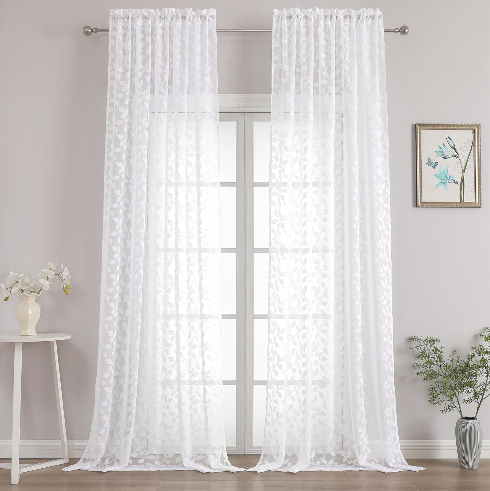 Photo 1 of Chyhomenyc Extra Long White Sheer Curtains 108 Inch Length 2 Panels Set, Light Filtering Tufted Textured Soft Airy Rod Pocket Gentle Leaf Window Treatment Drapes for Living Room, 52" Wx108 L, 2PCS