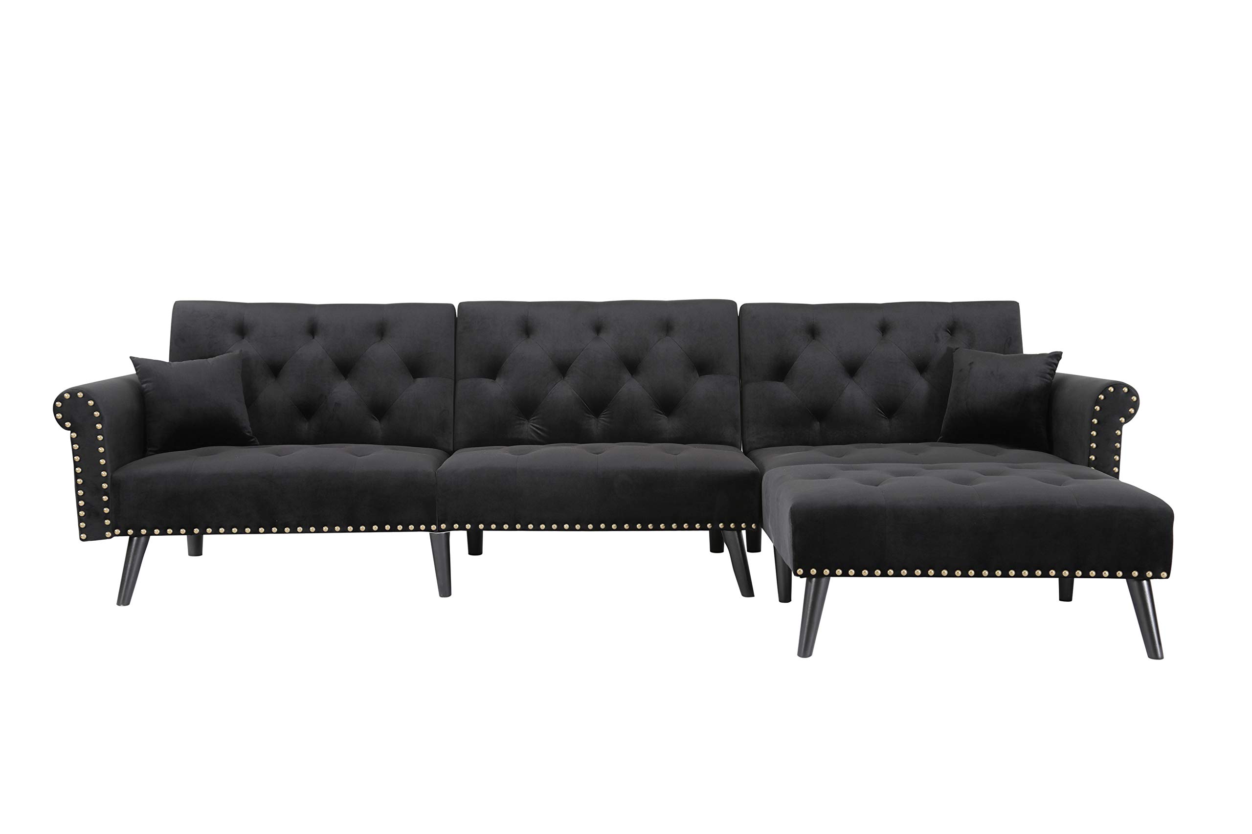 (incomplete Box 2-2) Convertible Sectional Couch with Chaise Lounge for Living Room, Comfy Velvet Fabric L-Shaped Reversible Reclining Sofa with 3 Seats and Pillows, for Small Apartment and Spaces - (Black)