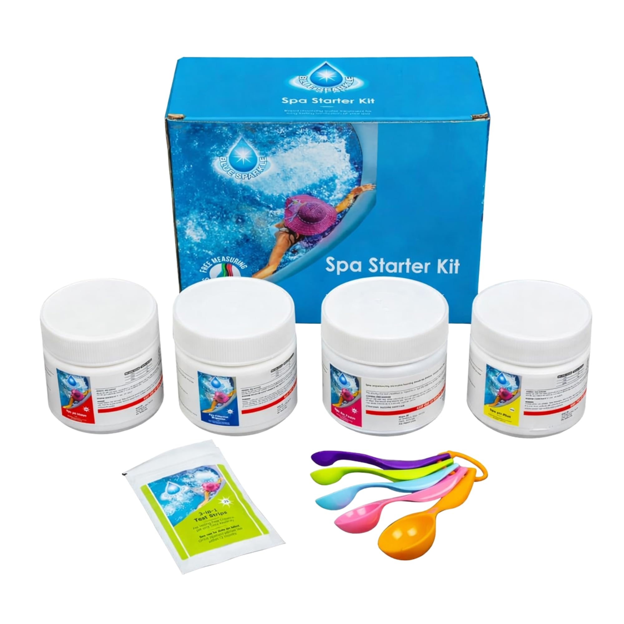 Pool Chemical Starter Kit for Hot Tubs, Above Ground and Paddling Pools, Water Treatment Set - Chlorine Granules, pH Minus, pH Plus, Foam Remover, Test Strips and Measuring Spoons