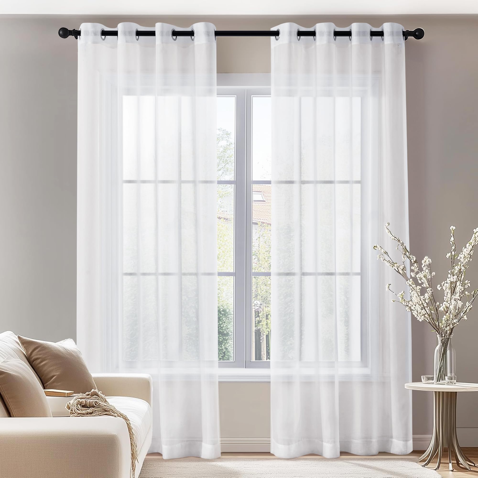 Deconovo Set of 2 White Faux Linen Voile Curtains with Eyelets 140 x 290 cm Decoration Living Room Bedroom Adult Transparent — image 1