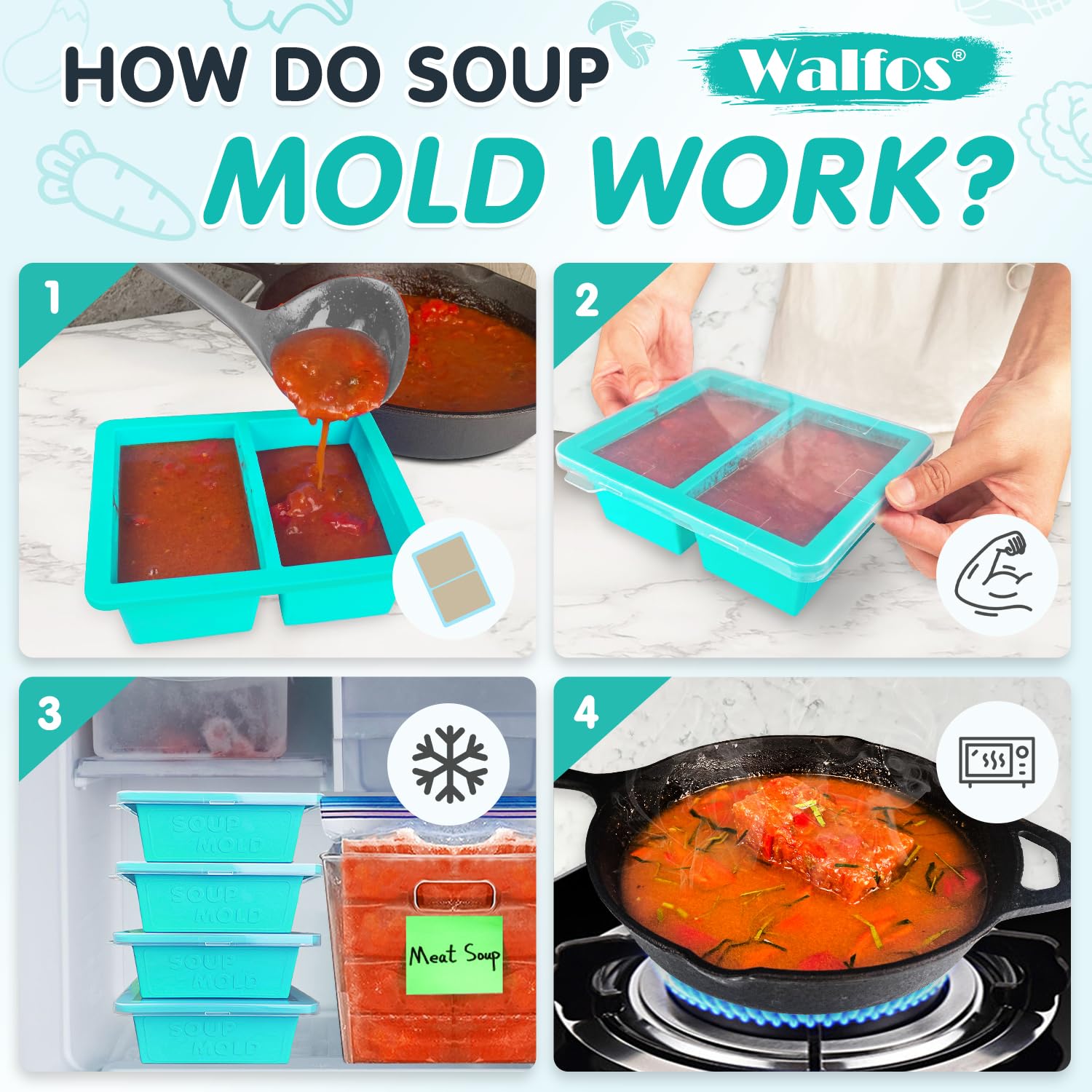 Walfos 1-Cup Silicone Freezer Molds with Lid, 4 Packs Soup Freezer Ice Cube Tray For Food, Silicone Food Freezing Container For Storing and Freezing Soup, Broth, Sauce and Ice.