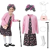 Harsever 100 Days of School Old Lady Costume for Kids 11 PCS Grandma Granny Costume Old Lady Accessories Outfit for Girls