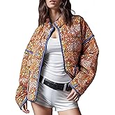 Wyeysyt Women's Cropped Quilted Jacket Floral Print Puffer Jackets Open Front Lightweight Jacket