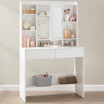 VASAGLE KAILYN Dressing Table with LED Lights White 2 Drawers Vanity Desk