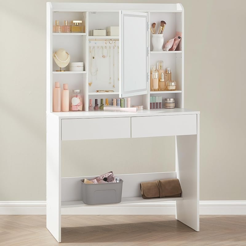 VASAGLE KAILYN Dressing Table with LED Lights White 2 Drawers Vanity Desk