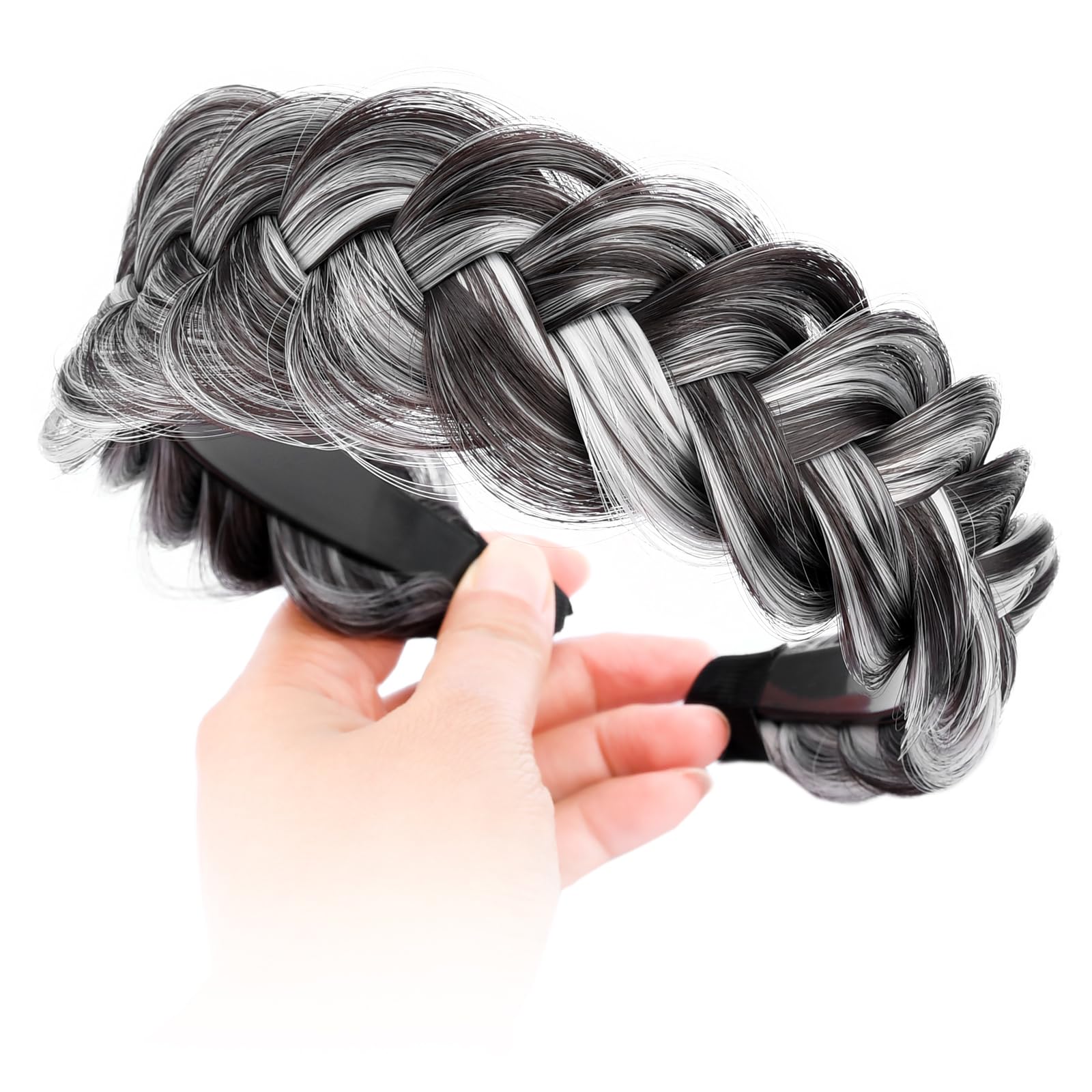 BOBIYA Wide Braided Headband with Teeth Braid Headbands With Teeth for Women Braided Hair Headbands with Tooth (Dark Gray)