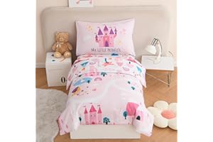 PERFEMET 4 Pieces Girls Toddler Bedding Set Pink Castle Fairy Tales Toddler Comforter Set Reversible Colorful Rainbow Princess Printed Toddler Bed Set with Sheets(Pink, Castle)