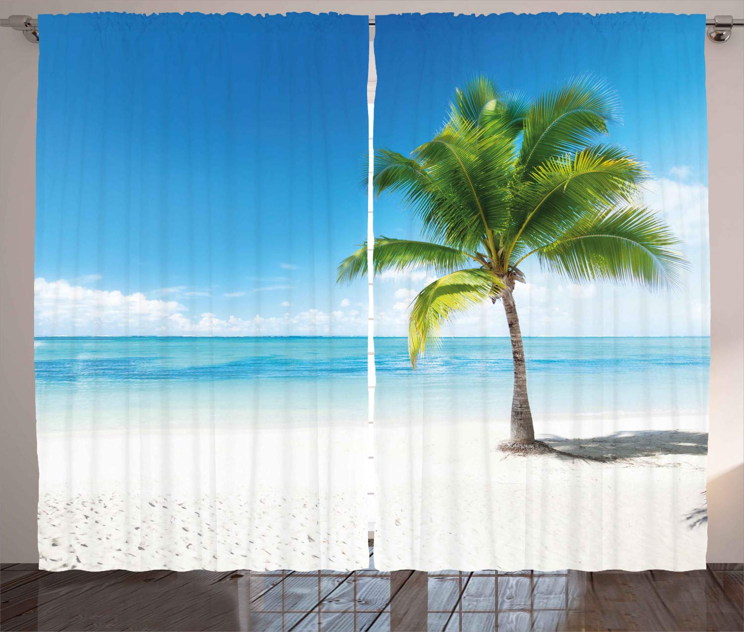 ABAKUHAUS Landscape Curtains, Caribbean Maldives Beach Island Sea Ocean Palm Trees Artwork Print, Living Room Bedroom Window Drapes 2 Panel Set, 280 x 175 cm, Green White — image 1