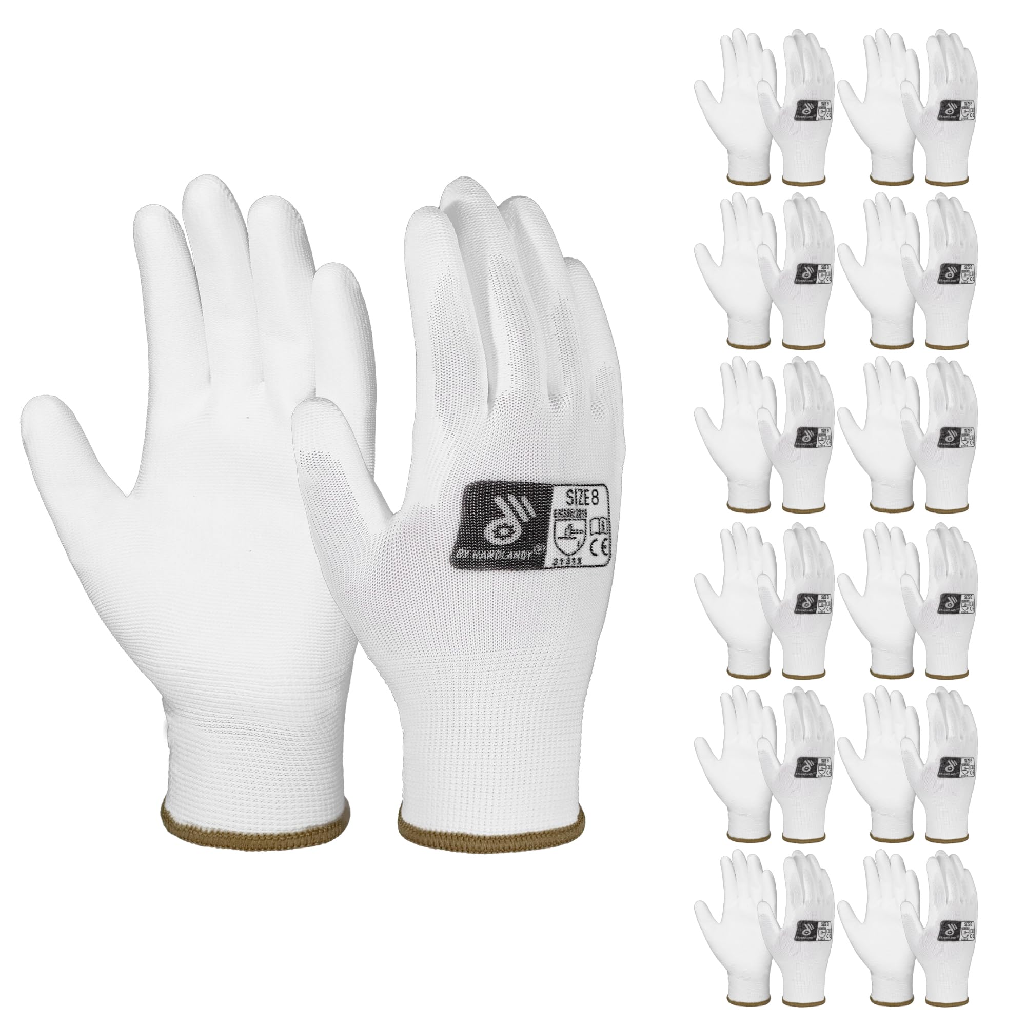 HANDLANDY 12 Pairs PU Coated Nylon Black Protective Work Gloves, Non-slip Flexible Gloves for Construction, Warehouse, Gardening (White, Medium)