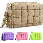 Puffer Quilted Makeup Bag Cosmetic Bags,Puffy Travel Toiletry Pouch for Women,Cute Checkered Zipper Bag Travel Essential,Portable Aesthetic Make up Organizer Bag for Gifts Work Daily(Khaki,M)