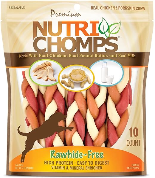 NUTRICHOMPS DOG CHEWS, 6-INCH BRAIDS, EASY TO DIGEST, RAWHIDE-FREE DOG TREATS, HEALTHY, 10 COUNT, REAL CHICKEN, PEANUT BUTTER AND MILK FLAVORS