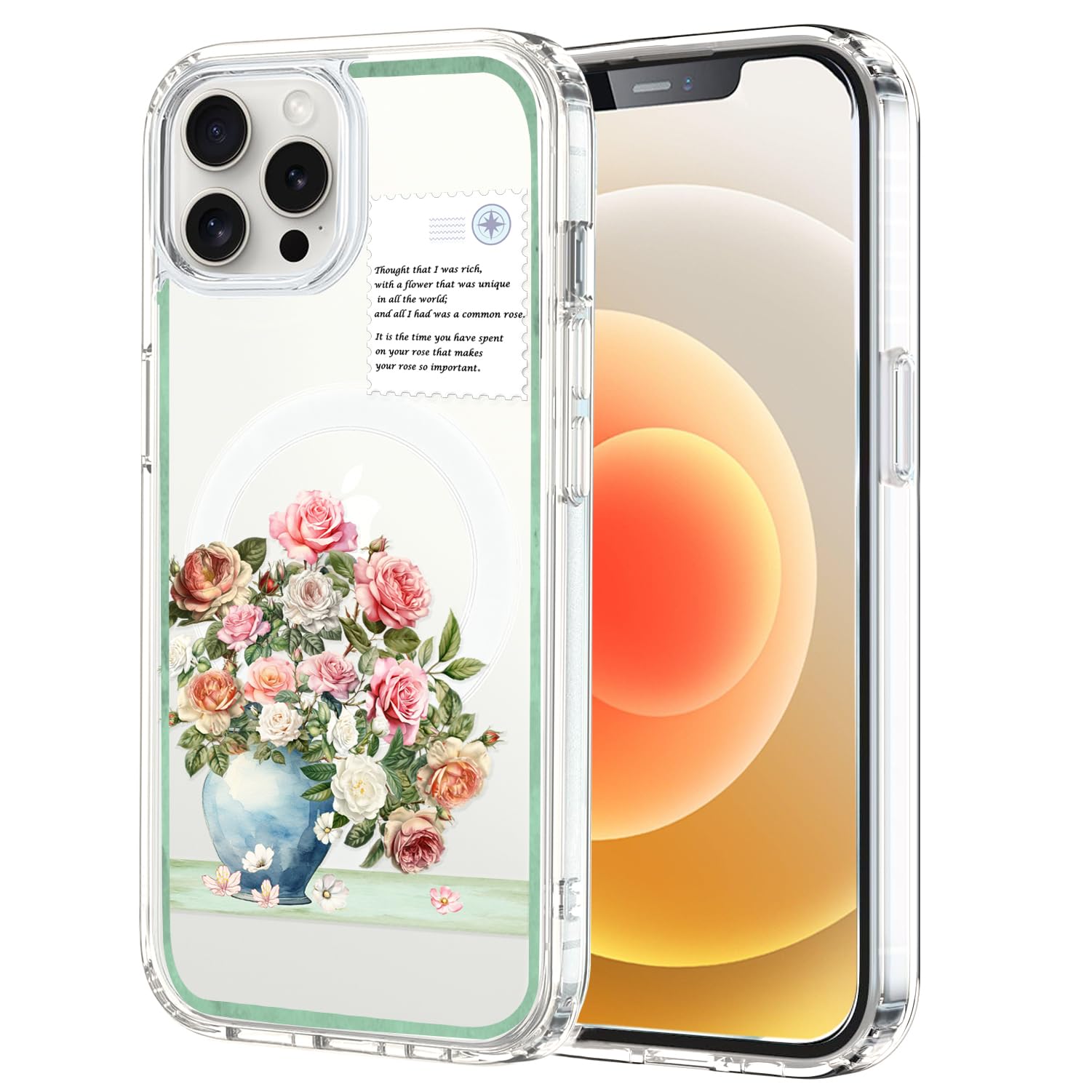 Unov Case Compatible with iPhone 15 Pro Max Case Magnetic Clear with Design Compatible with MagSafe Slim Protective Soft TPU Bumper with Hard PC Back Embossed Pattern (Rose Bouquet)