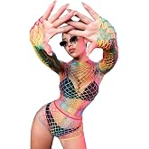 SEXYTINE Women Sexy Cosplay Colorful Rainbow Striped Fishnet Mini Dress Bodysuit Teddy Babydoll