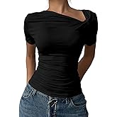 LOLONG Womens Short Sleeve Shirts Summer 2026 Asymmetrical Neck Pleated Slim Fitted Tee Tops