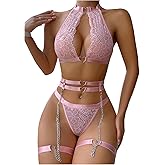 SOLY HUX Women's Lace Halter Lingerie Sexy Bra and Panty Set with Leg Ring Boudoir Outfits