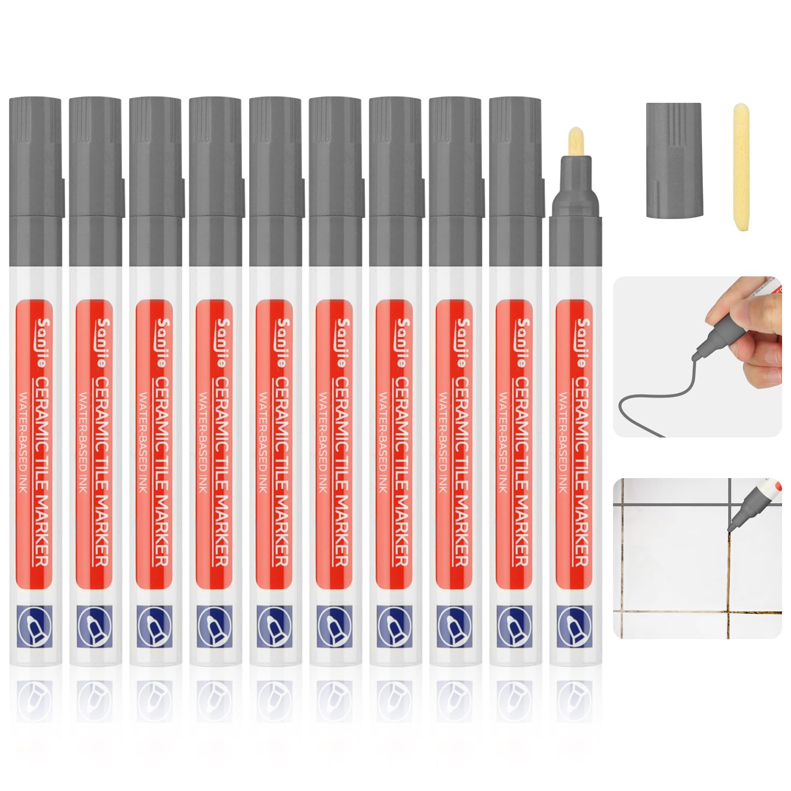 10 Pcs Tile Pen, Grey Grout Pen for Tiles Bathroom with Replacement Nib Tips, Anti-Grout Gray Tile Pen Marker for Restoring Tile Grout Wall Floor Bathroom Kitchen and Floor Tiles