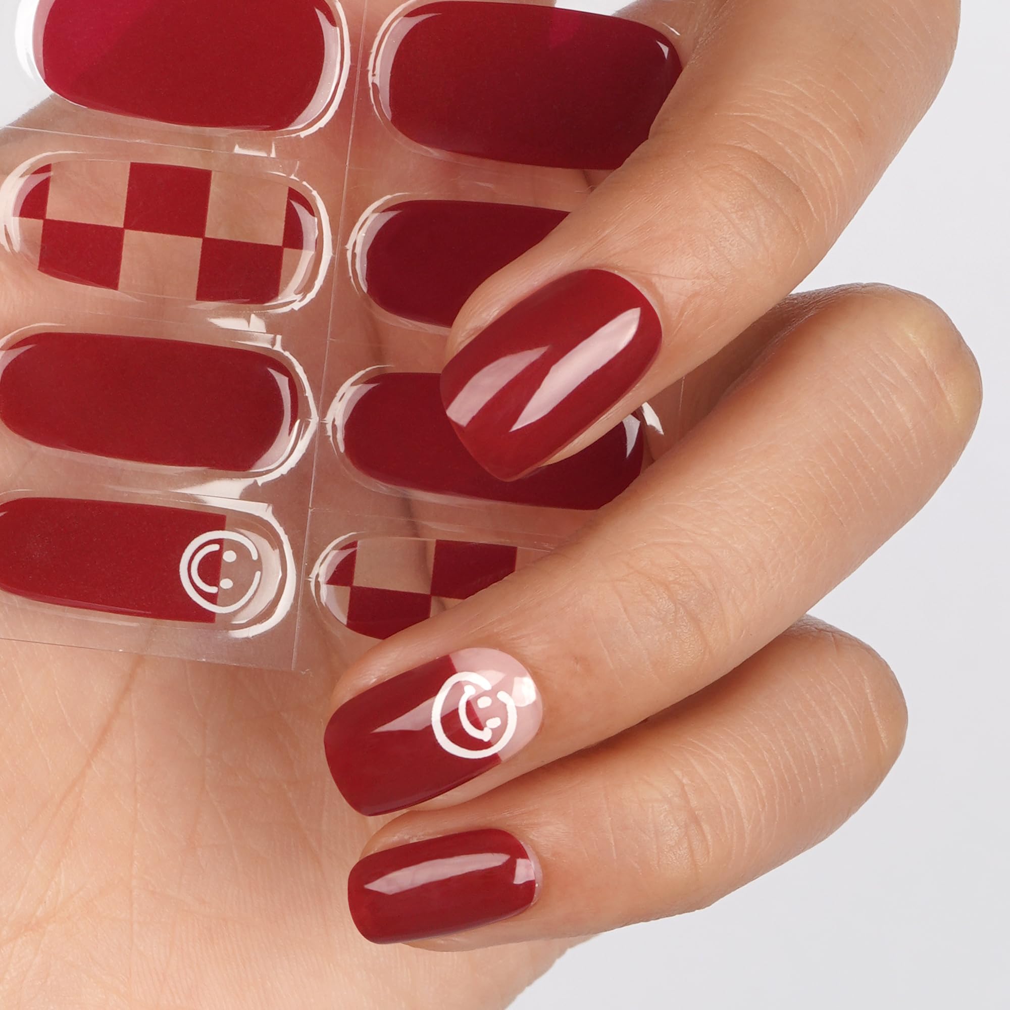 DANNI & TONI Semi Cured Gel Nail Polish Strips,Red Check Gel Nail Stickers,Salon-Quality Gel Nail Polish Strips Manicure Stickers Set(Happy Face) 28Pcs