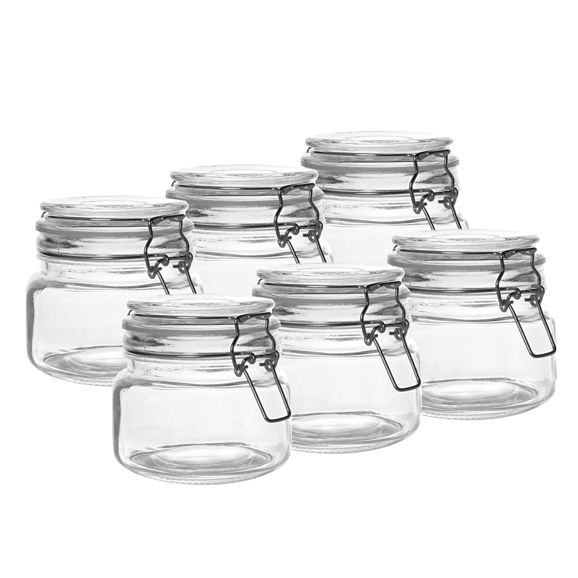 Clip Top Glass Jars - 500ml Set of 6 | Reusable Stickers with Pen | Mason Jar | Airtight Storage | Kitchen Preserving & Spice Containers | Cookie Tea Coffee Sugar | M&W