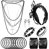 Wagrvuy 80s Costume Accessories for Women, Punk Fancy Dress Party Kit with Lace Headband Earrings Fishnet Gloves Necklace Bracelet for 80's Retro Themed
