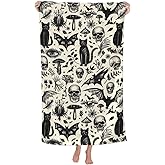 VODRM Gothic Retro Beach Towel,32x52in Microfiber Quick Dry Black Cat Skull Bat Mushroom Vintage Goth Bath Towels,Soft Lightweight Oversized Sand Free,for Travel Pool Swimming Decor