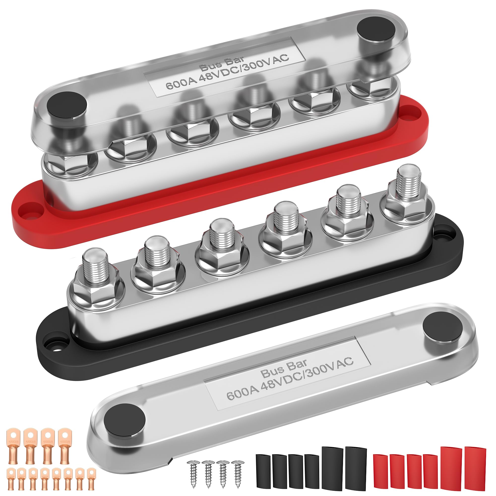 Photo 1 of RVMARINEPAT 600A 12V 24V 48V Bus Bar with 6 x 3/8" (M10) Studs, Industrial Power Distribution Block & Battery Terminal Kit with 12 Lugs for Off-Grid Solar, Battery Bank, EV (Pair)