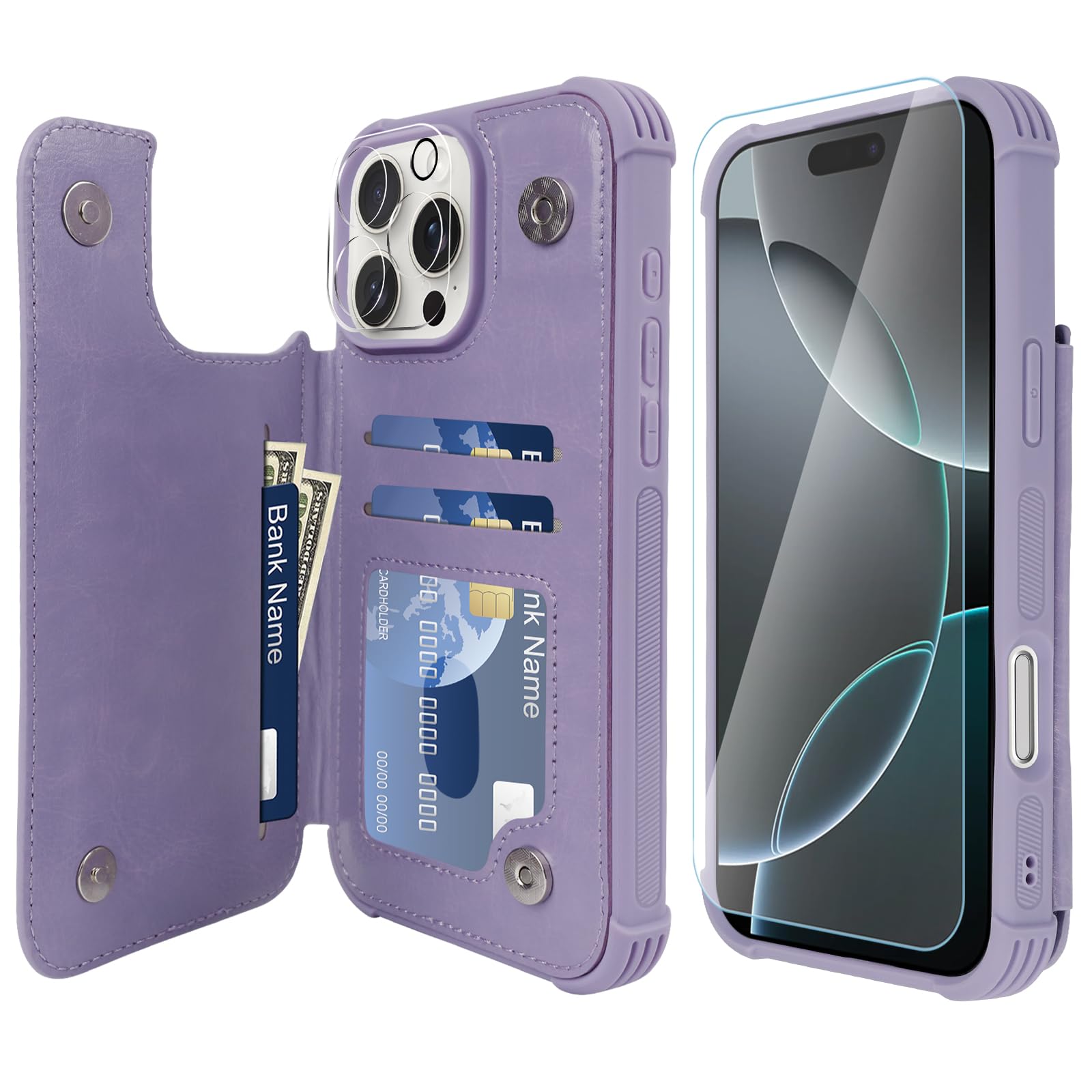 VANAVAGY Compatible for iPhone 16 Pro Max Wallet Casewith Credit Card Holder,Rfid Leather Flip Folio Cover Fit Magnetic Car Mount and Stand with Screen Camera Protector,Clove Purple